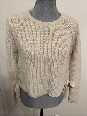 stradivarius Cream Crewneck Sweater with Side Tie Accents Size Small